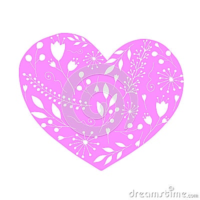 Romantic pink heart with silhouettes of flowers and sprigs. vector illustration Vector Illustration